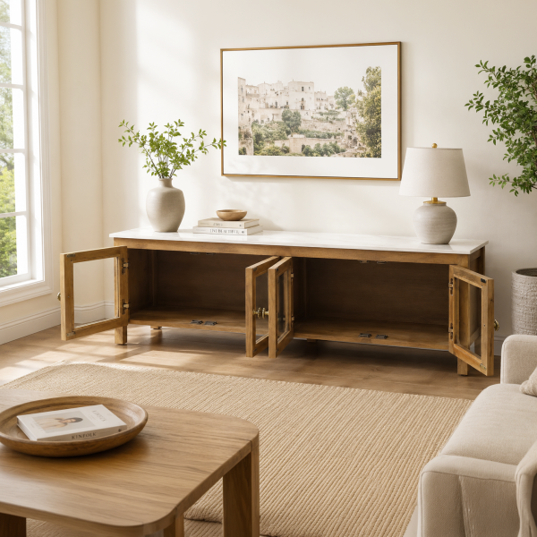 KL-2388SG (5) The Attic Crestwood Solid Wood TV Cabinet with Glass Doors, Sideboard Storage & Display Cabinet for Living Room & Dining Room, Handcrafted Wood, Light Teak Finish