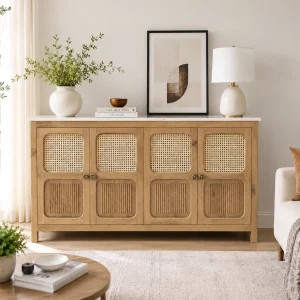 KL-2389SC (1) The Attic Crestwood Solid Wood Sideboard Cabinet with Cane Doors | Storage & Display Cabinet for Living Room & Dining Room | Handcrafted Mango Wood, Light Teak Finish