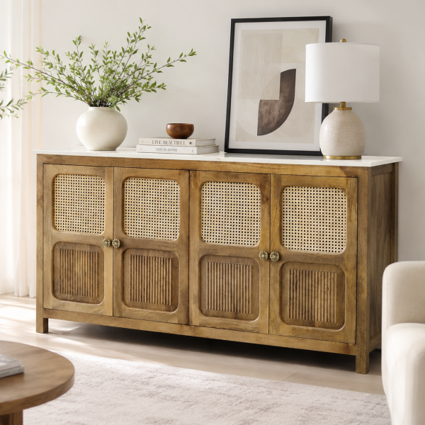 KL-2389SC (1) The Attic Crestwood Solid Wood Sideboard Cabinet with Cane Doors | Storage & Display Cabinet for Living Room & Dining Room | Handcrafted Mango Wood, Light Teak Finish