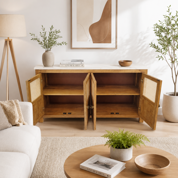 KL-2389SC (2) The Attic Crestwood Solid Wood Sideboard Cabinet with Cane Doors | Storage & Display Cabinet for Living Room & Dining Room | Handcrafted Mango Wood, Light Teak Finish