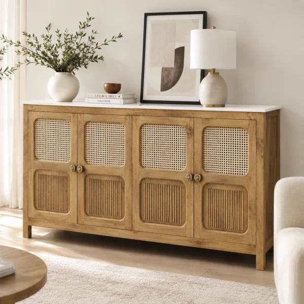KL-2389SC (2) The Attic Crestwood Solid Wood Sideboard Cabinet with Cane Doors | Storage & Display Cabinet for Living Room & Dining Room | Handcrafted Mango Wood, Light Teak Finish