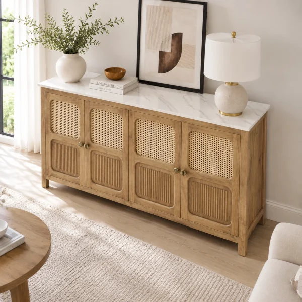 KL-2389SC (3) The Attic Crestwood Solid Wood Sideboard Cabinet with Cane Doors | Storage & Display Cabinet for Living Room & Dining Room | Handcrafted Mango Wood, Light Teak Finish