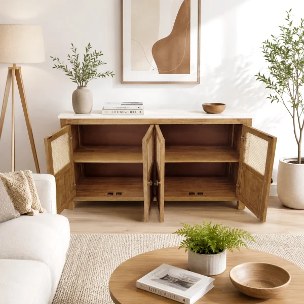 KL-2389SC (4) The Attic Crestwood Solid Wood Sideboard Cabinet with Cane Doors | Storage & Display Cabinet for Living Room & Dining Room | Handcrafted Mango Wood, Light Teak Finish