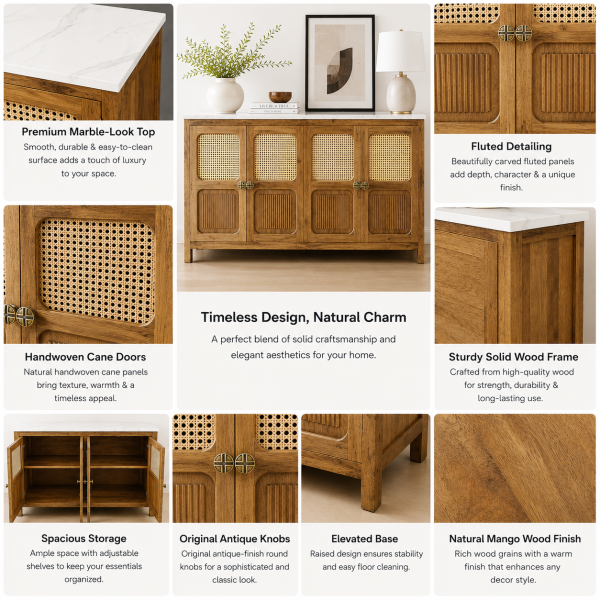 KL-2389SC (5) The Attic Crestwood Solid Wood Sideboard Cabinet with Cane Doors | Storage & Display Cabinet for Living Room & Dining Room | Handcrafted Mango Wood, Light Teak Finish