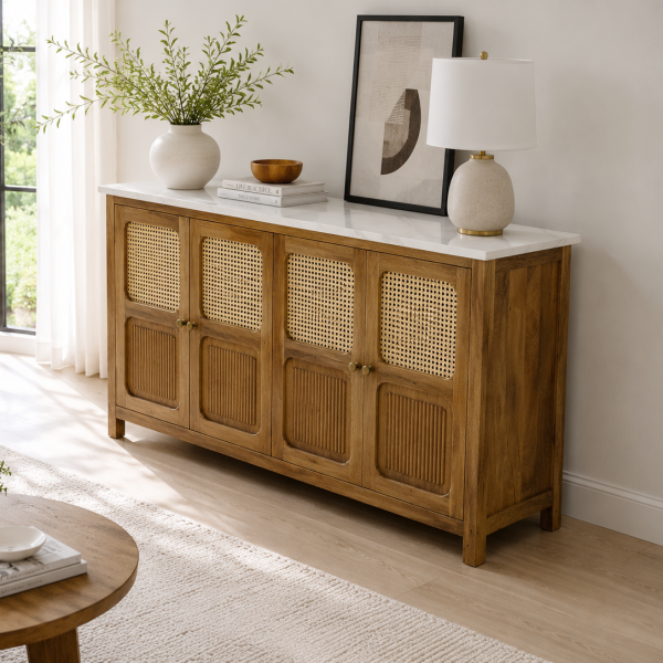 KL-2389SC (7) The Attic Crestwood Solid Wood Sideboard Cabinet with Cane Doors | Storage & Display Cabinet for Living Room & Dining Room | Handcrafted Mango Wood, Light Teak Finish