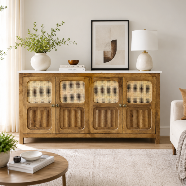 KL-2389SC (9) The Attic Crestwood Solid Wood Sideboard Cabinet with Cane Doors | Storage & Display Cabinet for Living Room & Dining Room | Handcrafted Mango Wood, Light Teak Finish