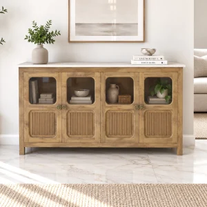 KL-2389SG (1) The Attic Crestwood Solid Wood Sideboard Cabinet with Glass Doors | Storage & Display Cabinet for Living Room & Dining Room | Handcrafted Mango Wood, Light Teak Finish