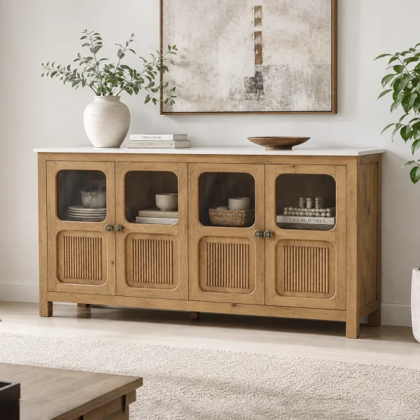 KL-2389SG (2) The Attic Crestwood Solid Wood Sideboard Cabinet with Glass Doors | Storage & Display Cabinet for Living Room & Dining Room | Handcrafted Mango Wood, Light Teak Finish