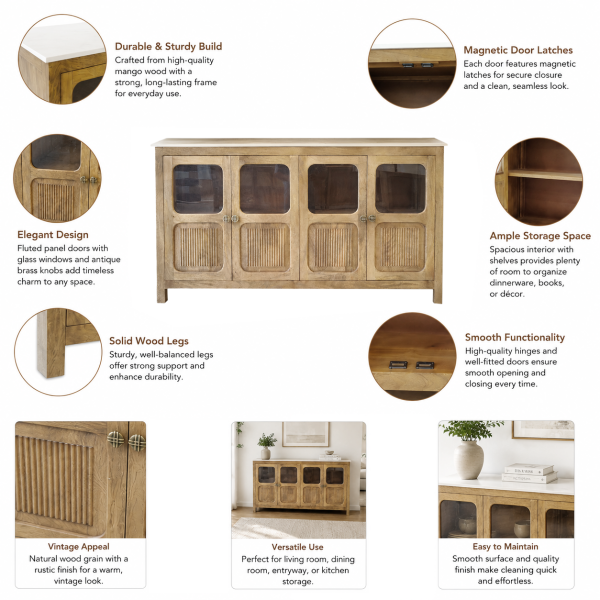 KL-2389SG (3) The Attic Crestwood Solid Wood Sideboard Cabinet with Glass Doors | Storage & Display Cabinet for Living Room & Dining Room | Handcrafted Mango Wood, Light Teak Finish