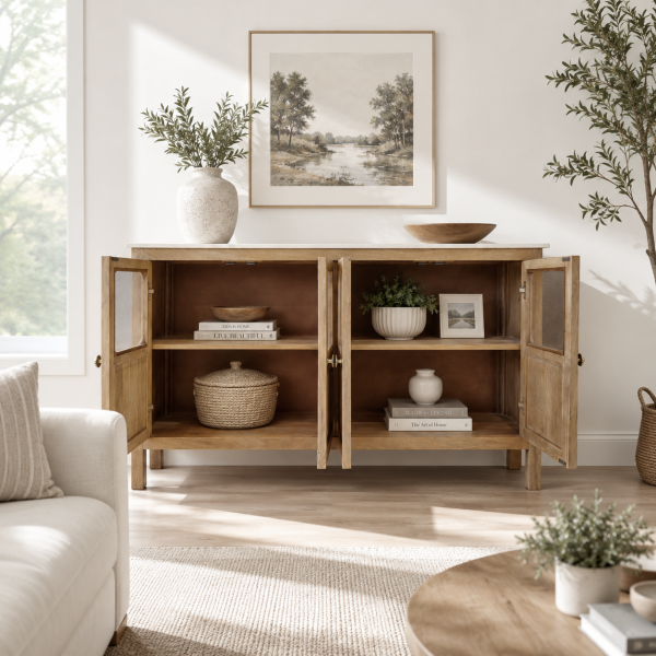 KL-2389SG (4) The Attic Crestwood Solid Wood Sideboard Cabinet with Glass Doors | Storage & Display Cabinet for Living Room & Dining Room | Handcrafted Mango Wood, Light Teak Finish