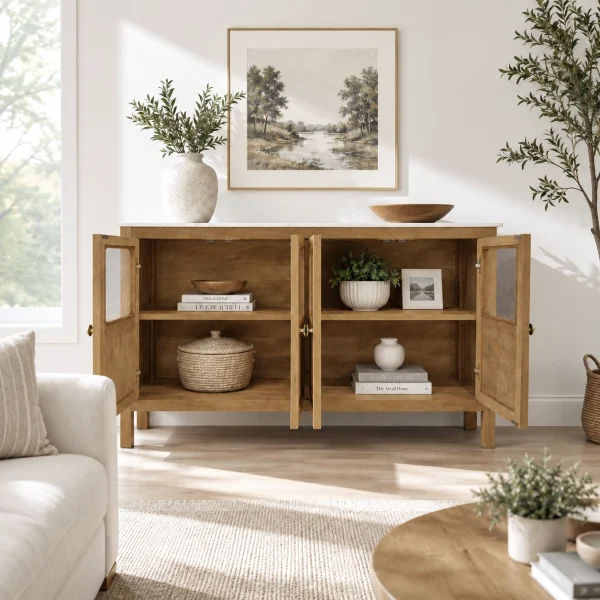 KL-2389SG (4) The Attic Crestwood Solid Wood Sideboard Cabinet with Glass Doors | Storage & Display Cabinet for Living Room & Dining Room | Handcrafted Mango Wood, Light Teak Finish
