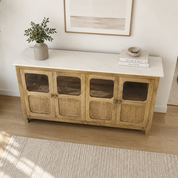 KL-2389SG (5) The Attic Crestwood Solid Wood Sideboard Cabinet with Glass Doors | Storage & Display Cabinet for Living Room & Dining Room | Handcrafted Mango Wood, Light Teak Finish
