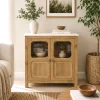 The Attic Crestwood Solid Wood Two Door Sideboard Cabinet with Glass Doors | Storage & Display Cabinet for Living Room & Dining Room | Handcrafted Mango Wood, Light Teak Finish