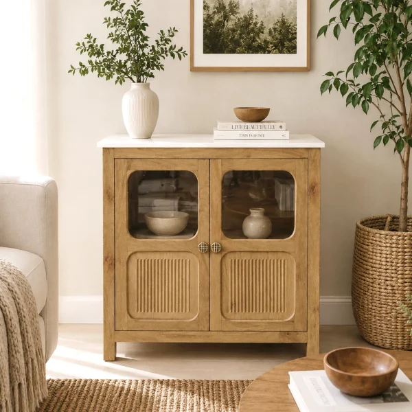 The Attic Crestwood Solid Wood Two Door Sideboard Cabinet with Glass Doors | Storage & Display Cabinet for Living Room & Dining Room | Handcrafted Mango Wood, Light Teak Finish