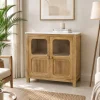 The Attic Crestwood Solid Wood Two Door Sideboard Cabinet with Glass Doors | Storage & Display Cabinet for Living Room & Dining Room | Handcrafted Mango Wood, Light Teak Finish