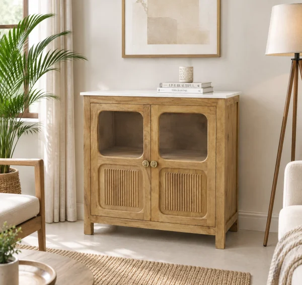 The Attic Crestwood Solid Wood Two Door Sideboard Cabinet with Glass Doors | Storage & Display Cabinet for Living Room & Dining Room | Handcrafted Mango Wood, Light Teak Finish