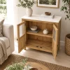 The Attic Crestwood Solid Wood Two Door Sideboard Cabinet with Glass Doors | Storage & Display Cabinet for Living Room & Dining Room | Handcrafted Mango Wood, Light Teak Finish