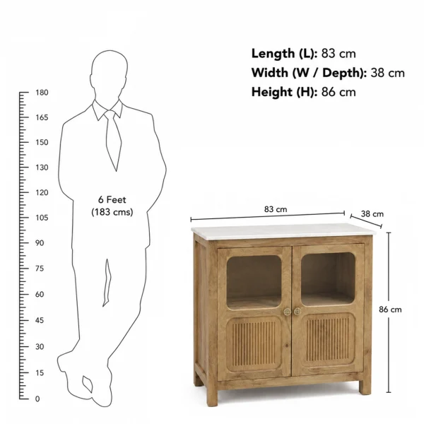 The Attic Crestwood Solid Wood Two Door Sideboard Cabinet with Glass Doors | Storage & Display Cabinet for Living Room & Dining Room | Handcrafted Mango Wood, Light Teak Finish
