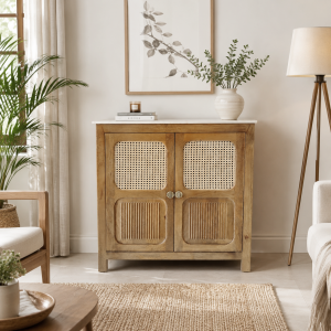 KL-2390SC (1) The Attic Crestwood Solid Wood Two Door Sideboard Cabinet with Cane Doors | Storage & Display Cabinet for Living Room & Dining Room | Handcrafted Mango Wood, Light Teak Finish
