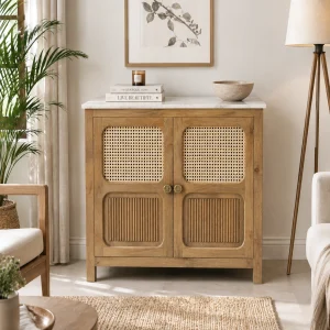KL-2390SC (1) The Attic Crestwood Solid Wood Two Door Sideboard Cabinet with Cane Doors | Storage & Display Cabinet for Living Room & Dining Room | Handcrafted Mango Wood, Light Teak Finish