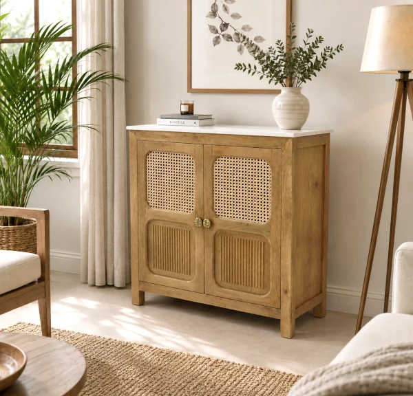 The Attic Crestwood Solid Wood Two Door Sideboard Cabinet with Cane Doors | Storage & Display Cabinet for Living Room & Dining Room | Handcrafted Mango Wood, Light Teak Finish
