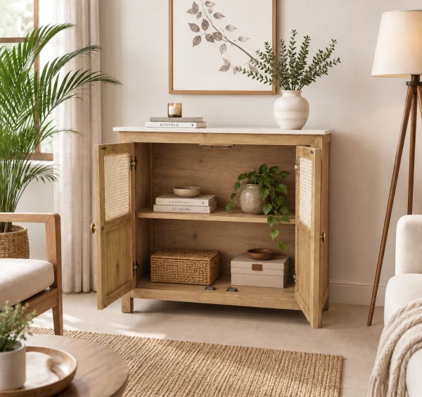 The Attic Crestwood Solid Wood Two Door Sideboard Cabinet with Cane Doors | Storage & Display Cabinet for Living Room & Dining Room | Handcrafted Mango Wood, Light Teak Finish