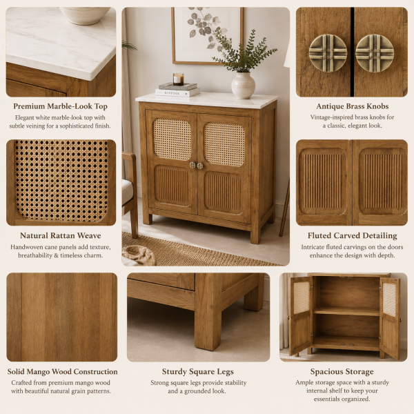 KL-2390SC (4) The Attic Crestwood Solid Wood Two Door Sideboard Cabinet with Cane Doors | Storage & Display Cabinet for Living Room & Dining Room | Handcrafted Mango Wood, Light Teak Finish