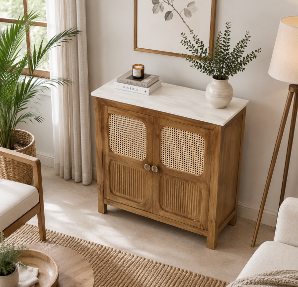 KL-2390SC (5) The Attic Crestwood Solid Wood Two Door Sideboard Cabinet with Cane Doors | Storage & Display Cabinet for Living Room & Dining Room | Handcrafted Mango Wood, Light Teak Finish