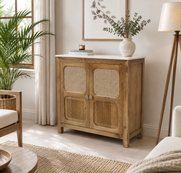 KL-2390SC (7) The Attic Crestwood Solid Wood Two Door Sideboard Cabinet with Cane Doors | Storage & Display Cabinet for Living Room & Dining Room | Handcrafted Mango Wood, Light Teak Finish