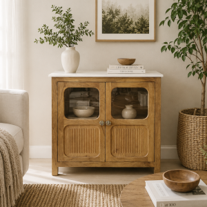 KL-2390SG (5) The Attic Crestwood Solid Wood Two Door Sideboard Cabinet with Glass Doors | Storage & Display Cabinet for Living Room & Dining Room | Handcrafted Mango Wood, Light Teak Finish