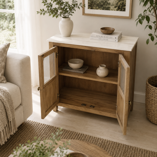 KL-2390SG (6) The Attic Crestwood Solid Wood Two Door Sideboard Cabinet with Glass Doors | Storage & Display Cabinet for Living Room & Dining Room | Handcrafted Mango Wood, Light Teak Finish