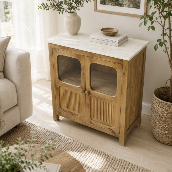 KL-2390SG (7) The Attic Crestwood Solid Wood Two Door Sideboard Cabinet with Glass Doors | Storage & Display Cabinet for Living Room & Dining Room | Handcrafted Mango Wood, Light Teak Finish