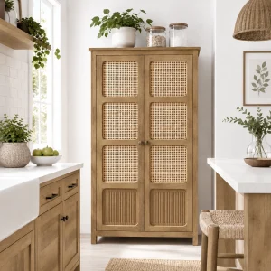 The Attic Crestwood 2 door Kitchen Cabinet, Multipurpose Cabinet For Bedroom Living room study bar, Solid Wood Bookshelf Kitchen Cabinet, Light Teak Matte Finish Cane