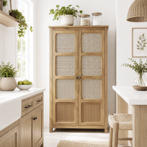 The Attic Crestwood 2 door Kitchen Cabinet, Multipurpose Cabinet For Bedroom Living room study bar, Solid Wood Bookshelf Kitchen Cabinet, Light Teak Matte Finish Cane
