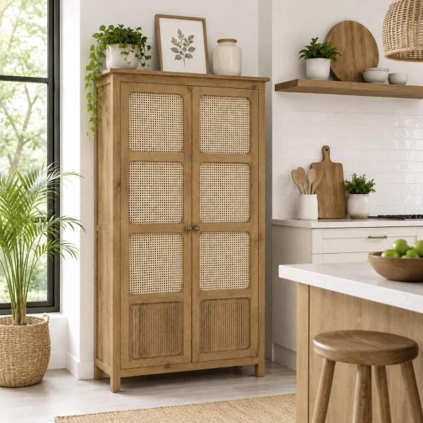 The Attic Crestwood 2 door Kitchen Cabinet, Multipurpose Cabinet For Bedroom Living room study bar, Solid Wood Bookshelf Kitchen Cabinet, Light Teak Matte Finish Cane