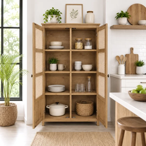 The Attic Crestwood 2 door Kitchen Cabinet, Multipurpose Cabinet For Bedroom Living room study bar, Solid Wood Bookshelf Kitchen Cabinet, Light Teak Matte Finish Cane