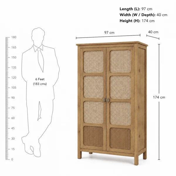 The Attic Crestwood 2 door Kitchen Cabinet, Multipurpose Cabinet For Bedroom Living room study bar, Solid Wood Bookshelf Kitchen Cabinet, Light Teak Matte Finish Cane