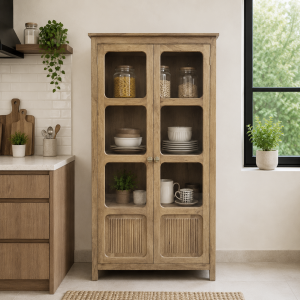 The Attic Crestwood 2 door Kitchen Cabinet, Multipurpose Cabinet For Bedroom Living room study bar, Solid Wood Bookshelf Kitchen Cabinet, Light Teak Matte Finish Glass