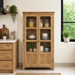 The Attic Crestwood 2 door Kitchen Cabinet, Multipurpose Cabinet For Bedroom Living room study bar, Solid Wood Bookshelf Kitchen Cabinet, Light Teak Matte Finish Glass
