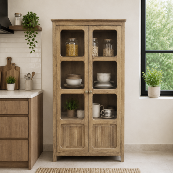 KL-2391SG (1) The Attic Crestwood 2 door Kitchen Cabinet, Multipurpose Cabinet For Bedroom Living room study bar, Solid Wood Bookshelf Kitchen Cabinet, Light Teak Matte Finish Glass