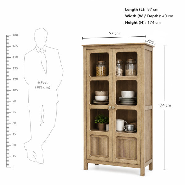 KL-2391SG (10) The Attic Crestwood 2 door Kitchen Cabinet, Multipurpose Cabinet For Bedroom Living room study bar, Solid Wood Bookshelf Kitchen Cabinet, Light Teak Matte Finish Glass