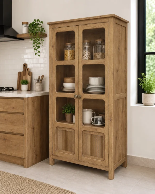 The Attic Crestwood 2 door Kitchen Cabinet, Multipurpose Cabinet For Bedroom Living room study bar, Solid Wood Bookshelf Kitchen Cabinet, Light Teak Matte Finish Glass