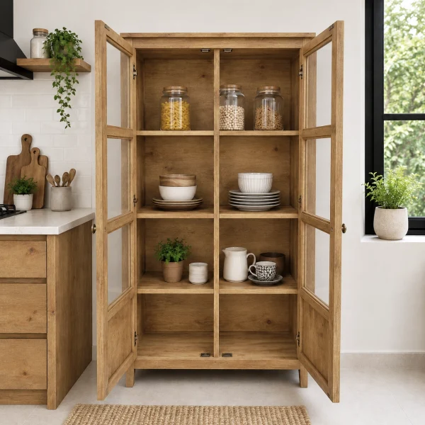 The Attic Crestwood 2 door Kitchen Cabinet, Multipurpose Cabinet For Bedroom Living room study bar, Solid Wood Bookshelf Kitchen Cabinet, Light Teak Matte Finish Glass