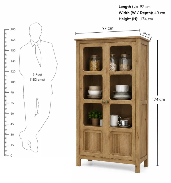 The Attic Crestwood 2 door Kitchen Cabinet, Multipurpose Cabinet For Bedroom Living room study bar, Solid Wood Bookshelf Kitchen Cabinet, Light Teak Matte Finish Glass