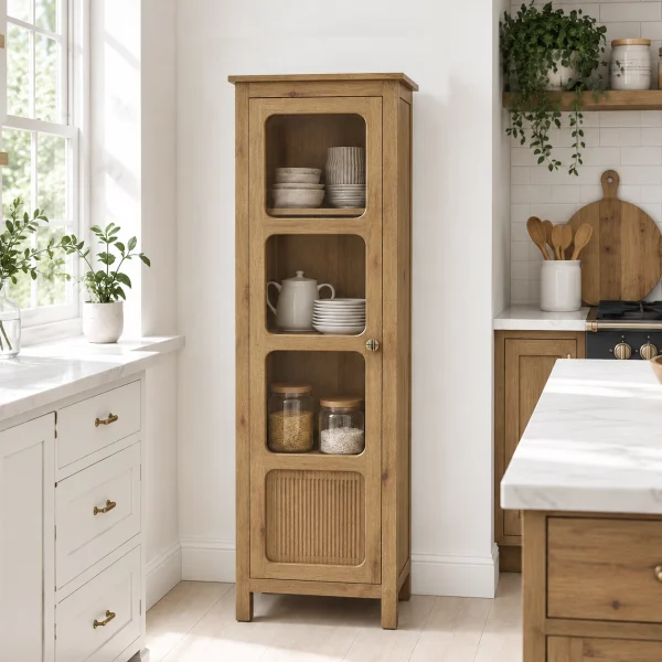 The Attic Crestwood 1 door Kitchen Cabinet, Multipurpose Cabinet For Bedroom Living room study bar, Solid Wood Bookshelf Kitchen Cabinet, Light Teak Matte Finish Glass