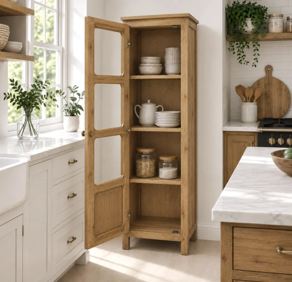 The Attic Crestwood 1 door Kitchen Cabinet, Multipurpose Cabinet For Bedroom Living room study bar, Solid Wood Bookshelf Kitchen Cabinet, Light Teak Matte Finish Glass