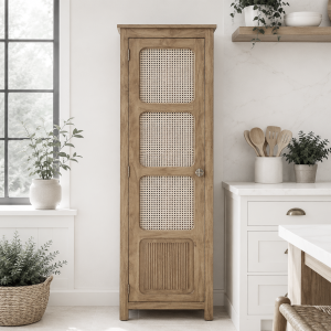 The Attic Crestwood 1 door Kitchen Cabinet, Multipurpose Cabinet For Bedroom Living room study bar, Solid Wood Bookshelf Kitchen Cabinet, Light Teak Matte Finish Cane