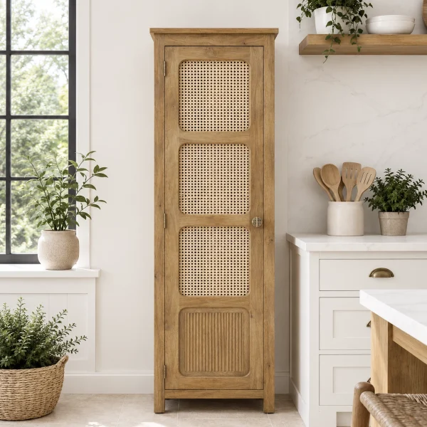 The Attic Crestwood 1 door Kitchen Cabinet, Multipurpose Cabinet For Bedroom Living room study bar, Solid Wood Bookshelf Kitchen Cabinet, Light Teak Matte Finish Cane