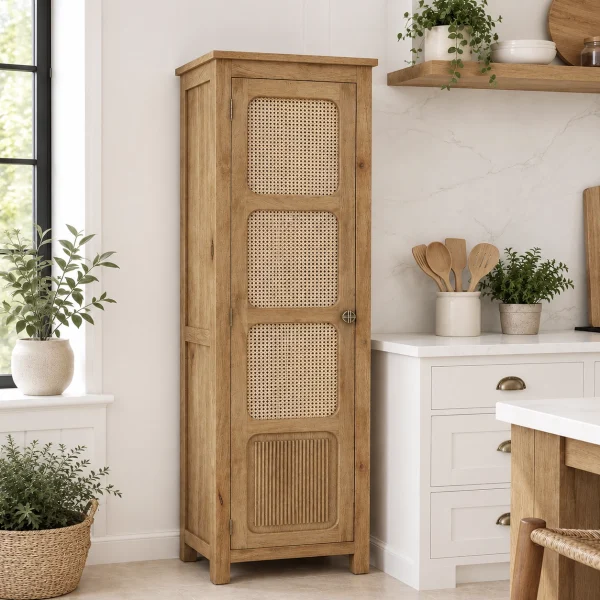 The Attic Crestwood 1 door Kitchen Cabinet, Multipurpose Cabinet For Bedroom Living room study bar, Solid Wood Bookshelf Kitchen Cabinet, Light Teak Matte Finish Cane