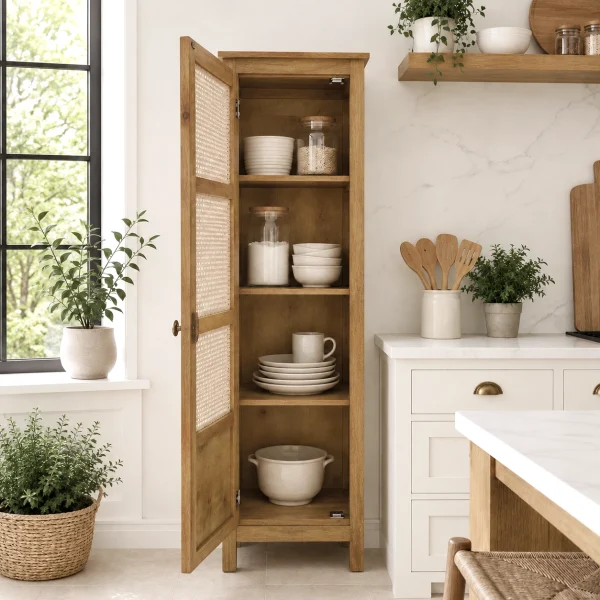 The Attic Crestwood 1 door Kitchen Cabinet, Multipurpose Cabinet For Bedroom Living room study bar, Solid Wood Bookshelf Kitchen Cabinet, Light Teak Matte Finish Cane